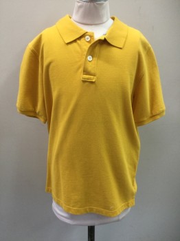 Childrens, Polo, CHEROKEE, Goldenrod Yellow, Cotton, Solid, 12/14, L, Pique, S/S, Ribbed Knit Collar Attached/Cuff, 2 Buttons