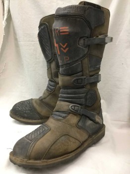 Mens, Sci-Fi/Fantasy Boots , FORMA, Brown, Black, Orange, Leather, Rubber, Color Blocking, 14, Aged/Distressed,  Almost Knee High, Velcro And Buckle Closure, Embossed Rubber Bits, Multiples