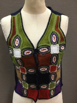 Womens, Vest, ROOS/ATKINS, Navy Blue, Lime Green, Rust Orange, White, Purple, Wool, Leather, Patchwork, Solid, B30, XS, Navy Knit, W/Multicolor Leather Patchwork Front, 3 Buttons,  V-neck, Early 1970's/Hippie