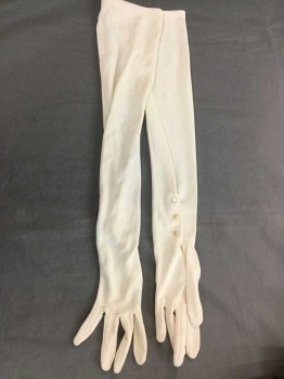 Womens, Gloves 1890s-1910s, Off White, Nylon, O/S, Knit, Pearl 3 Buttons at Wrist, Opera Length