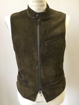 Mens, Leather Vest, John Varvatos, Tobacco Brown, Suede, Solid, 48, Zip Up Vest, 3 Pockets, Band Collar with Button Tab, Aged