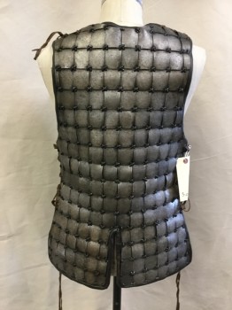 Mens, Historical Fict. Breastplate , MTO, Pewter Gray, Dk Brown, Leather, Plastic, Geometric, 36+, Round Neck, Sleeveless, Lacing/Ties at Shoulders and Sides, Leather Lined with Rectangular Plastic Plates Stitched with Wang at All Corners, Slit Front and Back, Aged/Distressed, Multiples,