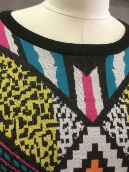 Womens, Dress, Piece 1, DIVIDED, Multi-color, Black, Yellow, White, Hot Pink, Viscose, Geometric, Abstract , L, Pullover Sweater Top - Knit, Wide Scoop Neck, Long Sleeves, Abstract Black/Hot Pink/White/Yellow/Teal Pattern