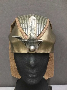 Unisex, Historical Fiction Headpiece, N/L, Lt Brown, Gold, Olive Green, Silver, Gray, Leather, Synthetic, Geometric, Shimmer Bronze Helmet W/gray, Brass Texture and 2 Tone Olive Rectangle Print/ribbed Vail on Top W/metal Abstract Piece Front Forehead, Lacing Elastic String Back.