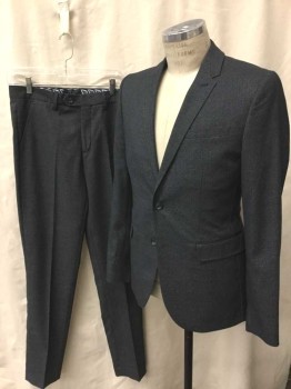 TED BAKER, Charcoal Gray, Lt Gray, Polyester, Viscose, Speckled, Charcoal with Light Gray Specks, Single Breasted, Notched Lapel, 2 Buttons,  4 Pockets, Black Faille Trim on Pockets, Slim Fit, Graphic Lining with Black/White/Royal Blue Leaves, Giraffe, Parrot, Etc