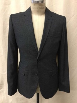 TED BAKER, Charcoal Gray, Lt Gray, Polyester, Viscose, Speckled, Charcoal with Light Gray Specks, Single Breasted, Notched Lapel, 2 Buttons,  4 Pockets, Black Faille Trim on Pockets, Slim Fit, Graphic Lining with Black/White/Royal Blue Leaves, Giraffe, Parrot, Etc