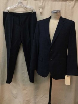 BOSS, Midnight Blue, Navy Blue, Wool, Plaid-  Windowpane, Notched Lapel, 2 Buttons,  1 Pocket, 2 Faux Pockets