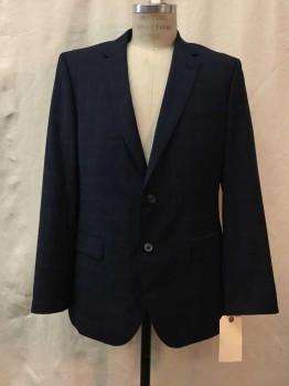 BOSS, Midnight Blue, Navy Blue, Wool, Plaid-  Windowpane, Notched Lapel, 2 Buttons,  1 Pocket, 2 Faux Pockets