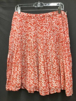 ODILLE, Off White, Orange, Red, Cotton, Floral, Off White W/orange Cluster Floral W/red Outline Print, 1" Waistband, Gathered Released Pleats, Side Zipper, Sheer Cream Lining