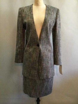 Womens, 1980s Vintage, Suit, Jacket, Christian Dior, Black, White, Multi-color, Synthetic, Mottled, 6, Black/White Slubbed Weave with Intermingled Colors, Deep V, 1 Button, 3 Pockets,