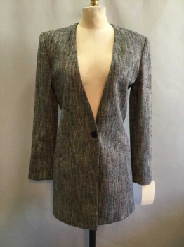Womens, 1980s Vintage, Suit, Jacket, Christian Dior, Black, White, Multi-color, Synthetic, Mottled, 6, Black/White Slubbed Weave with Intermingled Colors, Deep V, 1 Button, 3 Pockets,