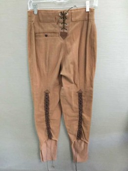 NO LABEL, Caramel Brown, Cotton, Leather, Solid, Lace Up Front Fly/Back/Calves, Ribbed Knit Padded/Quilted Knee Ovals, Large Belt Loops, Grommet Rectangles On Thighs, 1 Back Pkt, Slits At Hem