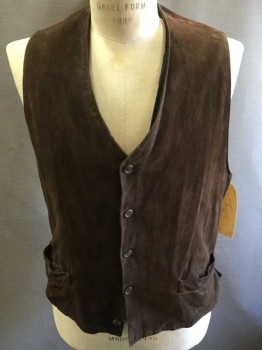 Mens, Leather Vest, MTO, Dk Brown, Suede, Cotton, Solid, 42, 5 Buttons, 2 Pockets, Lined In Black Cotton, Aged/Distressed, Double