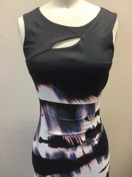 KAREN MILLEN, Navy Blue, White, Brown, Baby Pink, Slate Blue, Acetate, Polyester, Abstract , Sleeveless, Bust Keyhole From Navy Yoke, Center Back Keyhole, Side Zipper,  Tucks on Left Hip That Release Into Skirt, Abstract 'Scribble' Print