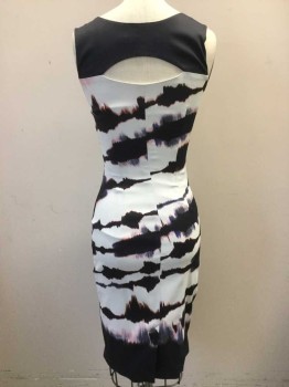 KAREN MILLEN, Navy Blue, White, Brown, Baby Pink, Slate Blue, Acetate, Polyester, Abstract , Sleeveless, Bust Keyhole From Navy Yoke, Center Back Keyhole, Side Zipper,  Tucks on Left Hip That Release Into Skirt, Abstract 'Scribble' Print