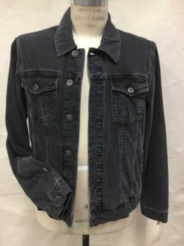 TOPMAN, Faded Black, Cotton, Heathered, Faded Black Denim, Collar Attached, Metal Button Front, Long Sleeves,