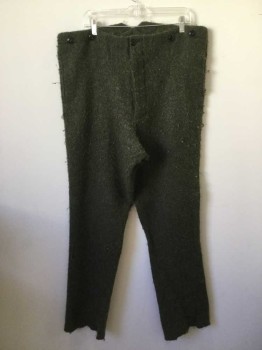 MTO, Olive Green, Wool, Acrylic, Heathered, Pants. Very Fuzzy and Pily, High Waisted Button Fly, 2 Pockets, Adjustable Back Waist, Fairytale Jack And the Beanstalk Style . Can Be Used for 1800's Frontier