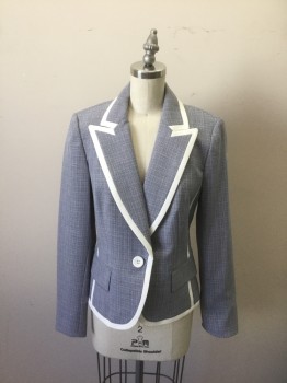 EVAN PICONE, Blue, White, Polyester, Tweed, 2 Front Pockets with Flaps, One Button Front, Blue Tweed with White Outline and Middle Front Sides