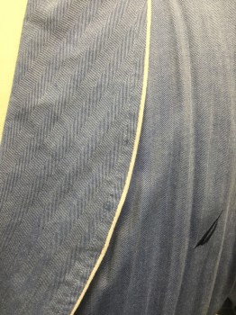 Mens, Bathrobe, NAUTICA, Blue, White, Cotton, Herringbone, S/M, White Piping, Self Belt, 2 Pockets, Right Arm Elbow Stain See Photo Attached,