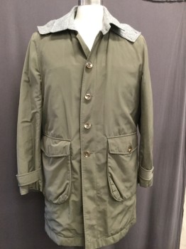 MAN CARLOS CASTILLO, Olive Green, Heather Gray, Polyester, Nylon, Solid, Heathered Grey Collar, Detachable Hood with Grey Trim,  Button Front, Pocket Flap, Patch Pocket,