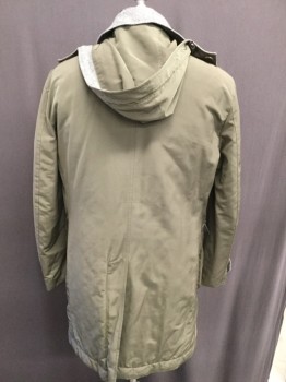 MAN CARLOS CASTILLO, Olive Green, Heather Gray, Polyester, Nylon, Solid, Heathered Grey Collar, Detachable Hood with Grey Trim,  Button Front, Pocket Flap, Patch Pocket,