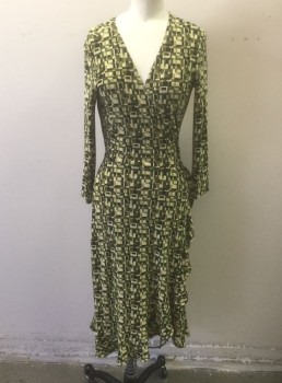 NINE WEST, Lime Green, Acid Green, Black, Olive Green, Beige, Polyester, Spandex, Abstract , Geometric, Abstract Shades of Green Rectangles, Stretchy Material, Long Sleeved Wrap Dress, Deep V Wrapped Neckline, Self Ties at Waist, Knee Length