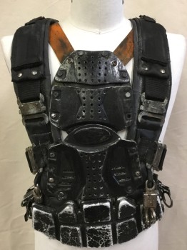 Mens, Vest, MTO, Black, Silver, Orange, Metallic/Metal, Synthetic, Solid, O/S, Metal Breast Plate Front & Back,  with Black & Orange Shoulder Straps, Criss-cross Back with Rings/buckles