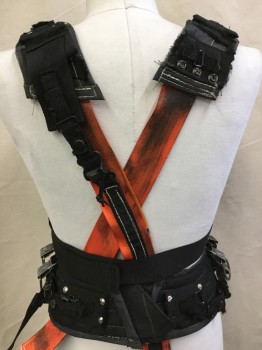 Mens, Vest, MTO, Black, Silver, Orange, Metallic/Metal, Synthetic, Solid, O/S, Metal Breast Plate Front & Back,  with Black & Orange Shoulder Straps, Criss-cross Back with Rings/buckles