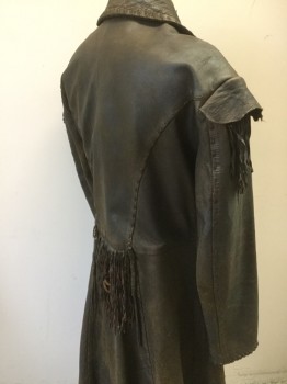 Mens, Coat, FOX 1967, Dk Brown, Leather, Solid, 42, 3 Loop and Barrel Button Front, Collar Attached, Whip Stitch Detail, Long Leather Fringe Detail, Duster, 2 Pockets,