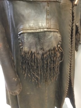 Mens, Coat, FOX 1967, Dk Brown, Leather, Solid, 42, 3 Loop and Barrel Button Front, Collar Attached, Whip Stitch Detail, Long Leather Fringe Detail, Duster, 2 Pockets,