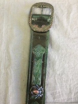 Unisex, Sci-Fi/Fantasy Belt, N/L MTO, Black, Dk Green, Leather, Novelty Pattern, 2" Wide Black Leather with Green Edges/Smudges, Self Celtic Knots Embossed in Leather, Spiders and Bugs 3D Metallic Detail Throughout, Large Embossed Metal Buckle, Velcro Closure