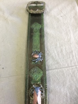 Unisex, Sci-Fi/Fantasy Belt, N/L MTO, Black, Dk Green, Leather, Novelty Pattern, 2" Wide Black Leather with Green Edges/Smudges, Self Celtic Knots Embossed in Leather, Spiders and Bugs 3D Metallic Detail Throughout, Large Embossed Metal Buckle, Velcro Closure