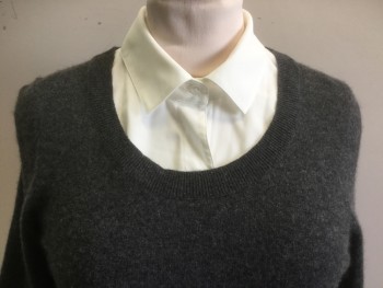 CHARTER CLUB, Charcoal Gray, Off White, Cashmere, Polyester, Solid, Faux Shirt Collar/Cuffs/Hem, Long Sleeves,