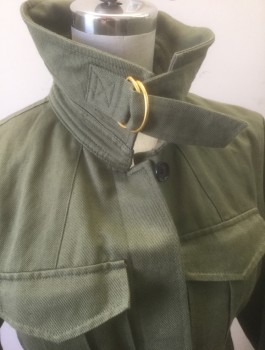 A.L.C., Olive Green, Cotton, Linen, Solid, Twill, 5 Button Front, 4 Pockets, Collar Attached with Self Strap and Buckle,  Fitted, Peplum Waist in Back, No Lining