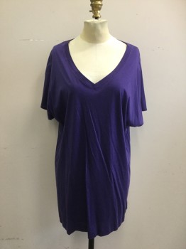 Womens, Nightgown, HANRO, Purple, Cotton, Modal, Solid, M, Night Shirt, V-neck, Short Sleeves