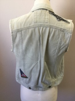 RING OF FIRE, Lt Gray, Cotton, Solid, Button Front, Collar Attached, 2 Pockets, Cutoff Sleeves, 2 Patches Front, 2 Patches Back, Button Tab Center Back Waist