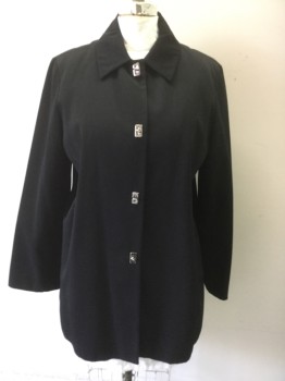 ANNE KLEIN, Black, Polyester, Solid, Metal Clasp Closure Front, Collar Attached, Long Sleeves, 2 Hidden Side Pockets