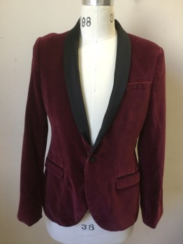 Mens, Smoking Jacket, NOOSE & MONKEY, Dk Red, Black, Cotton, Solid, 40R, Dark Red Velvet, Single Breasted, 1 Button, Black Satin Shawl Collar, 3 Pockets, Fitted