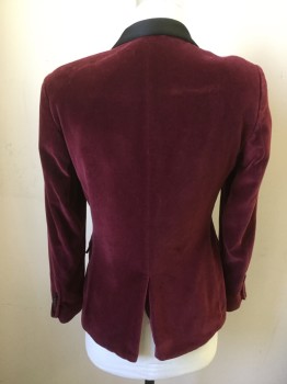 Mens, Smoking Jacket, NOOSE & MONKEY, Dk Red, Black, Cotton, Solid, 40R, Dark Red Velvet, Single Breasted, 1 Button, Black Satin Shawl Collar, 3 Pockets, Fitted