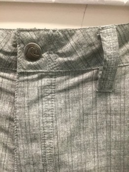 QUICKSILVER, Gray, Dk Gray, Polyester, Spandex, Heathered, Stripes - Pin, Heathered Gray with Dark Gray Pinstripes, 5 Pockets, Belt Loops, Velcro Fly, 11" Inseam