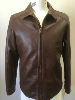 PRONTO UOMO, Brown, Leather, Solid, Zip Front, Collar Attached, 2 Welt Pocket, Zipper Cuffs, Waist Length