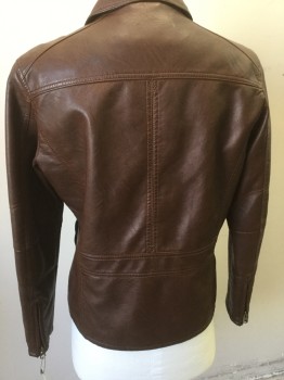 PRONTO UOMO, Brown, Leather, Solid, Zip Front, Collar Attached, 2 Welt Pocket, Zipper Cuffs, Waist Length