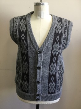 N/L, Gray, Black, Dk Gray, Wool, Novelty Pattern, Cardigan Vest, Stripe with X Pattern, Stripe with Greek Key Pattern, Stripe with Jagged Lines, Ribbed Knit Placket/Armhole/Waistband, Solid Heather Gray Back