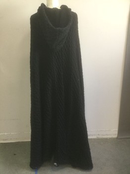N/L, Black, Cotton, Acrylic, Cable Knit, Solid, Chunky Cabled Knit, Hooded, Self Ties at Center Front Neck, Black Satin Lining, Floor Length