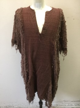 N/L MTO, Brown, Cotton, Solid, Tunic, Brown Homespun Rough Fabric, Short Sleeves, Round Neck with Deep V Notch at Center Front, Hanging Threads/Ragged Looking Throughout, Made To Order