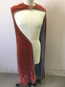 Unisex, Historical Fiction Cape, N/L, Tomato Red, Gold, Cotton, Silk, Solid, O/S, Crushed Velvet, with Gold Iridescent Cord Trim at Edges, Gold Embossed Detail at Center Front Neck, Hidden Hook & Bar and Snap Closures, Light Blue Satin Lining, Open at Front, Floor Length, Made To Order, Historically Inspired