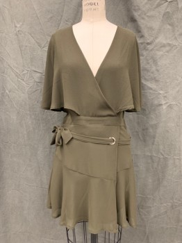 LIONESS, Moss Green, Polyester, Solid, Surplice Top, Chiffon Flutter Sleeve, Faux Wrap Skirt, Self Side Attached Belt, Zip Back