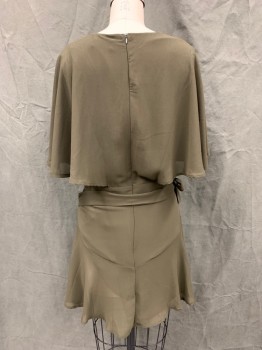 LIONESS, Moss Green, Polyester, Solid, Surplice Top, Chiffon Flutter Sleeve, Faux Wrap Skirt, Self Side Attached Belt, Zip Back