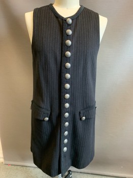 Mens, Historical Fiction Piece 2, MTO, Black, Dk Umber Brn, Wool, Synthetic, Stripes - Vertical , 42, Waistcoat, 14 Buttons, Missing the Bottom 15th Button, 2 Faux Pockets, Black Trim
