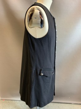 Mens, Historical Fiction Piece 2, MTO, Black, Dk Umber Brn, Wool, Synthetic, Stripes - Vertical , 42, Waistcoat, 14 Buttons, Missing the Bottom 15th Button, 2 Faux Pockets, Black Trim